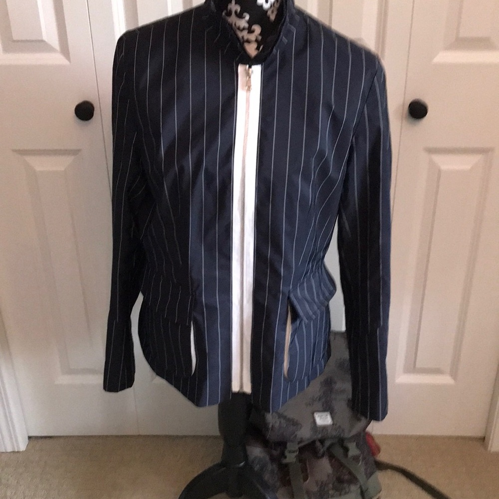 Black and white pin striped wind breaker